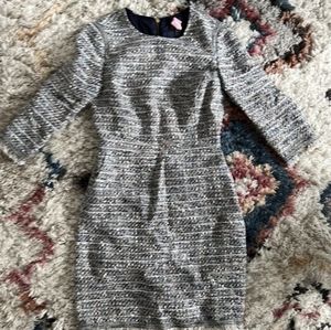 J Crew Womens Tweed A-Line Dress Gray Blue Size 0P Peplum Bottom 3/4 Sleeves